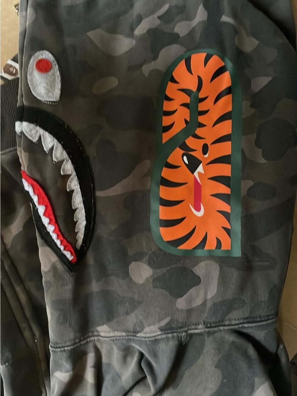 Bape Camo Hoodie with Tiger Patch and Shark Mouth Detail